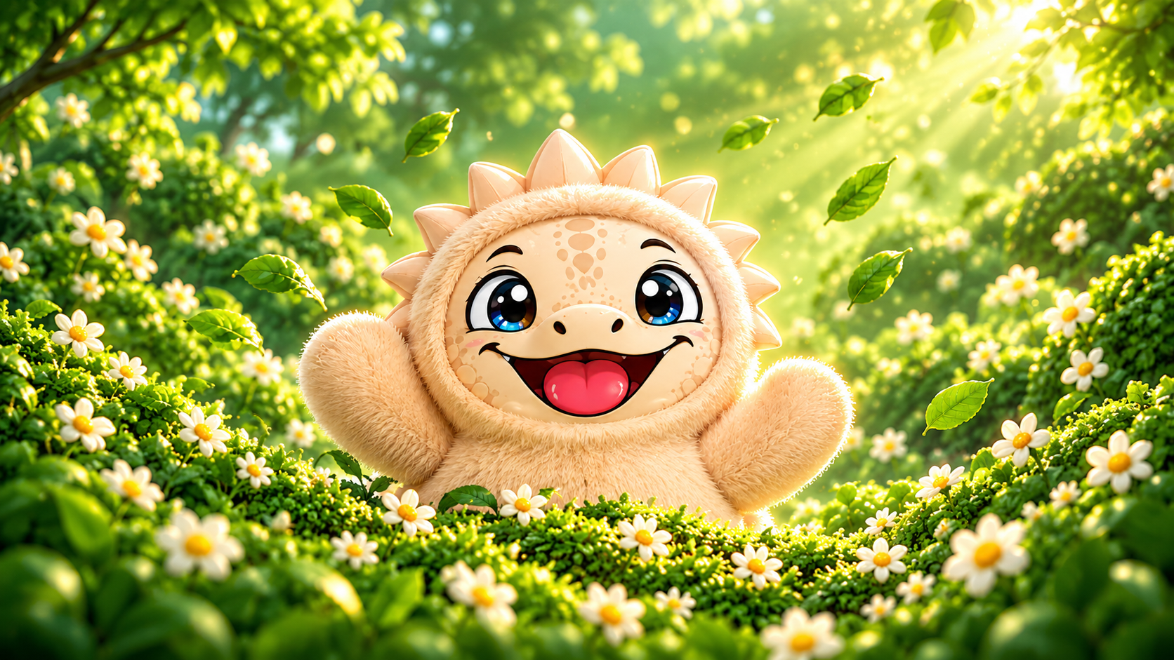Musespike cheering with both arms up in a sunny meadow of white flowers